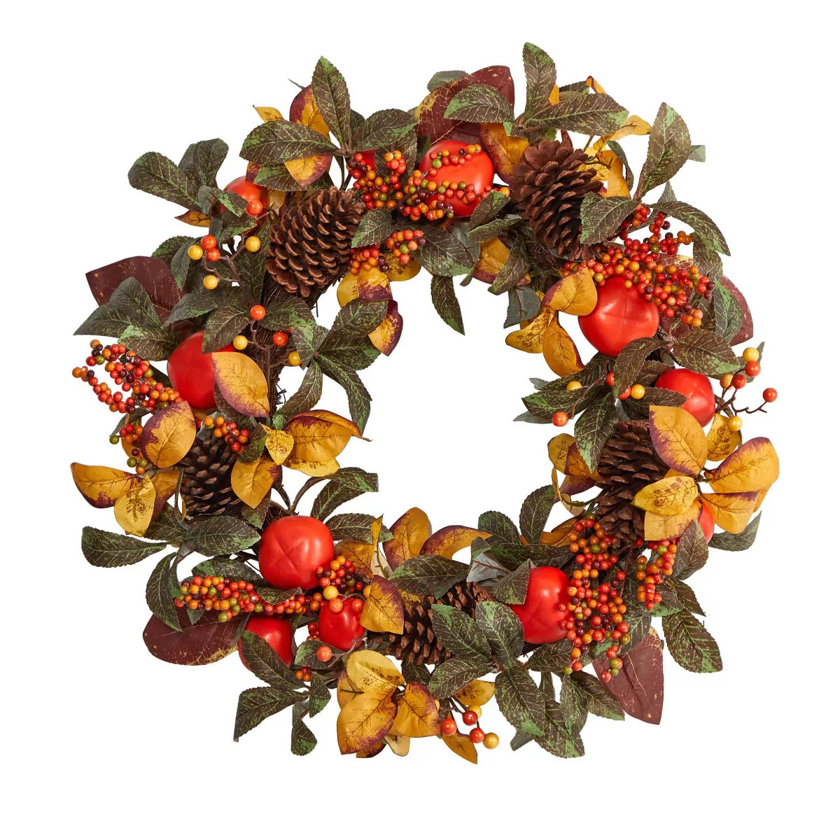 Nearly Natural 26” Autumn Persimmon and Pinecones Artificial Fall Wreath | Target