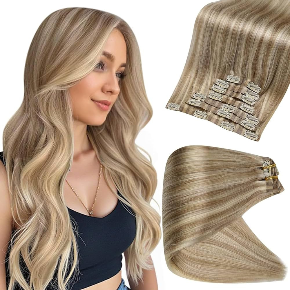 Full Shine Human Hair Clip in Extensions Balayage Seamless Hair Extensions Clip ins Golden Blonde... | Amazon (US)