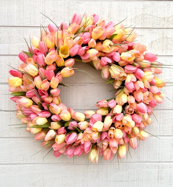 Pink and Yellow Tulip Wreath Front Door Tulip Wreath Easter | Etsy | Etsy (US)