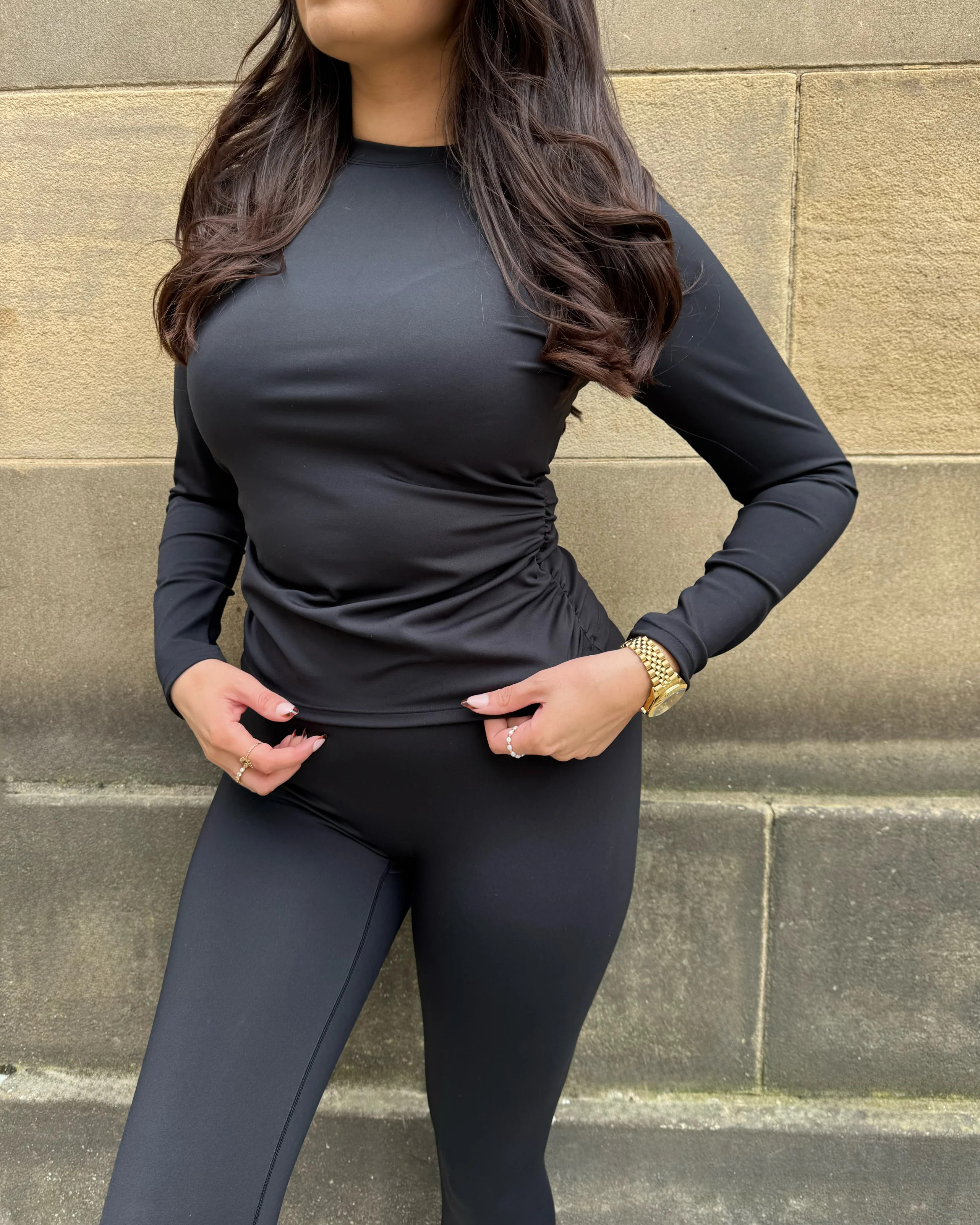 Dani Crew Neck Long Sleeve Ruched Side Top - RELR | RELR