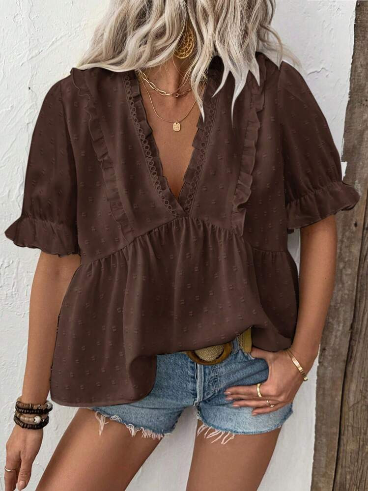 Calvaya Women's 3D Laser Cut V-Neck Puff Sleeve Blouse | SHEIN