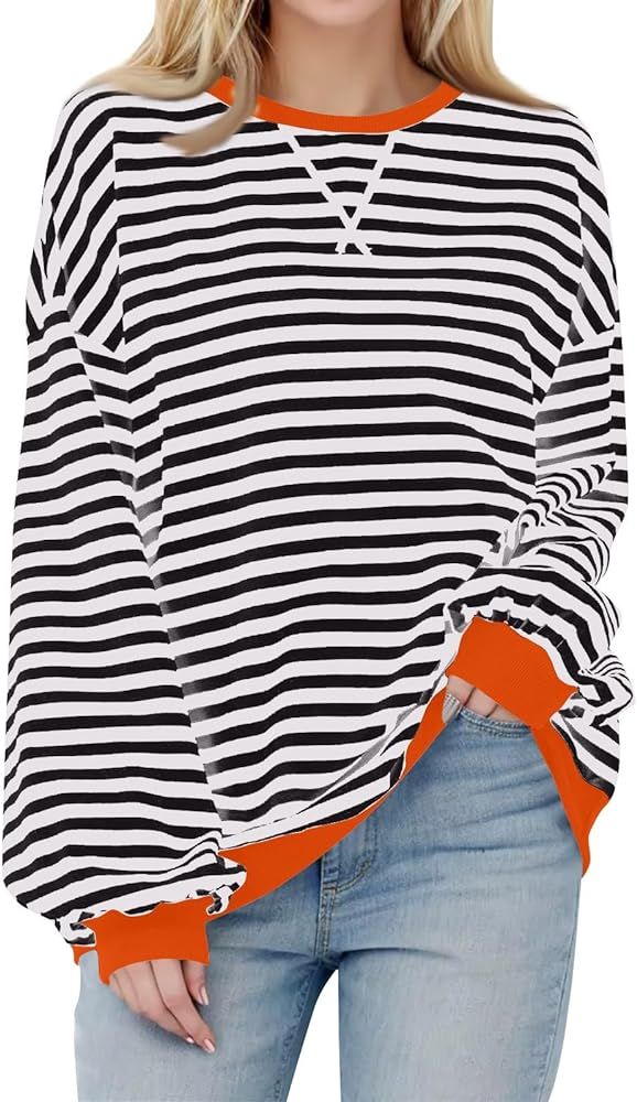 Womens Oversized Striped Sweatshirt Casual Long Sleeve Color Block Crewneck Pullover Tops Fall Ou... | Amazon (US)