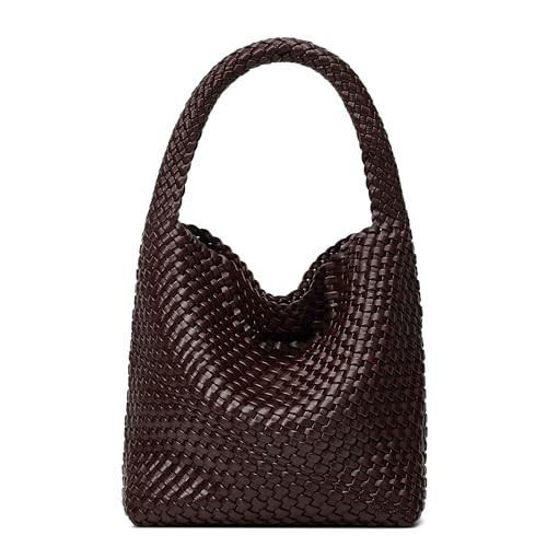 Woven Bags for Women Tote Purse: Vegan Leather Shoulder Handbags - Medium Beach Tote Bags - Handwoven Satchel Underarm Purse for Holidays (Coffee Color) | Amazon (US)