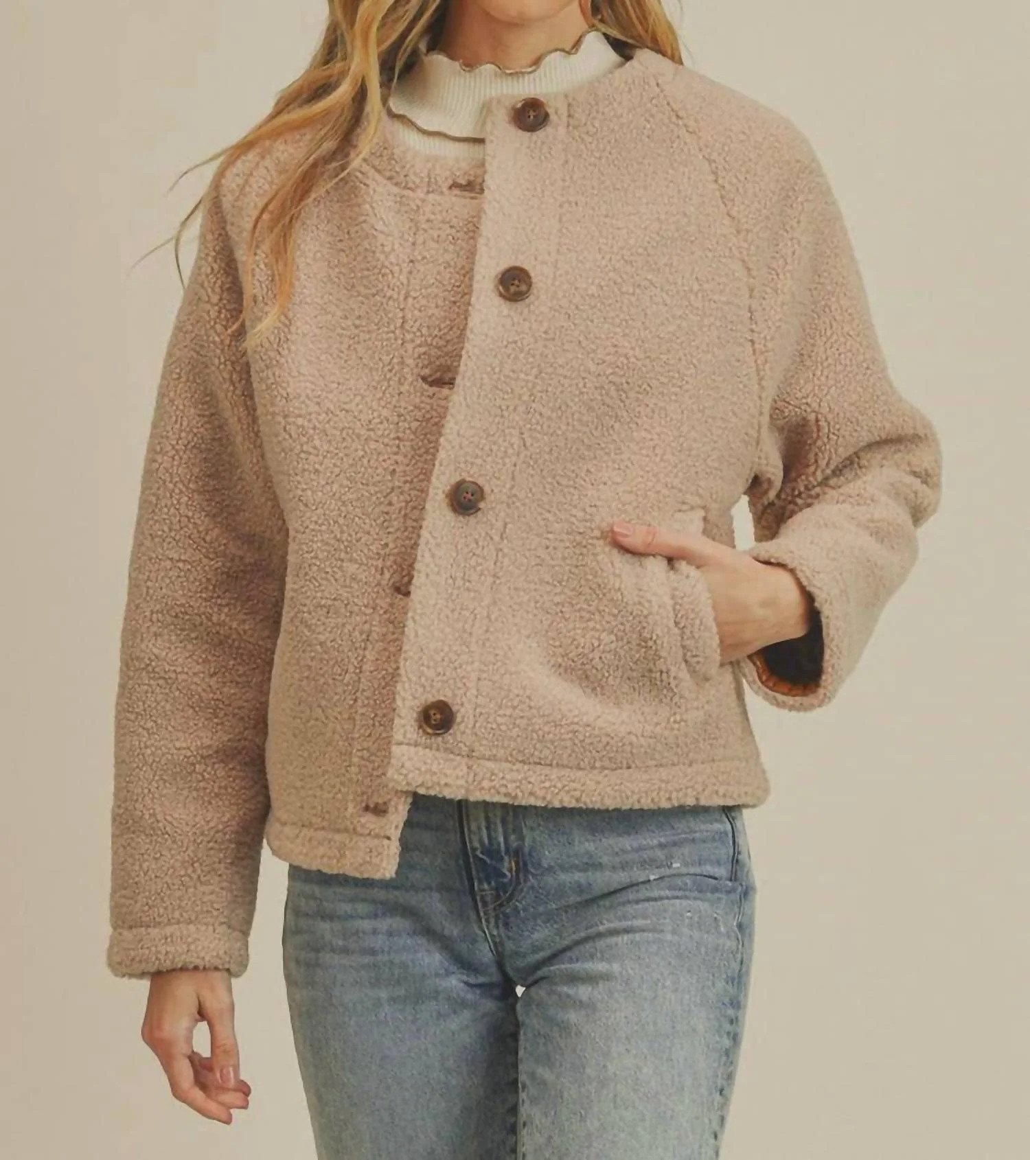 Sherpa Button Down Jacket In Beige | Shop Simon