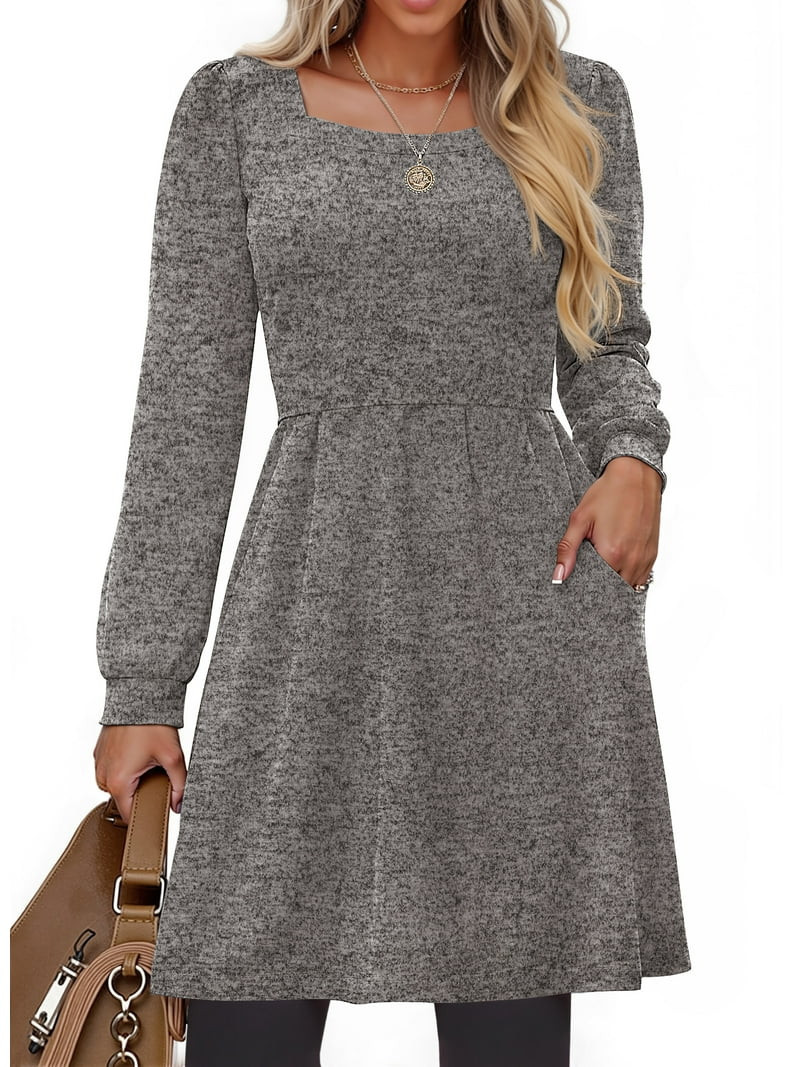 Fantaslook Square Neck Long Sleeve Dresses for Women Casual Trendy Sweater Dress with Pockets | Walmart (US)