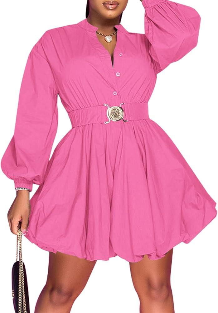Uni Clau Womens Button Down Shirt Dress Long Sleeve A-Line Casual Puffy Short Mini Dress with Bel... | Amazon (US)