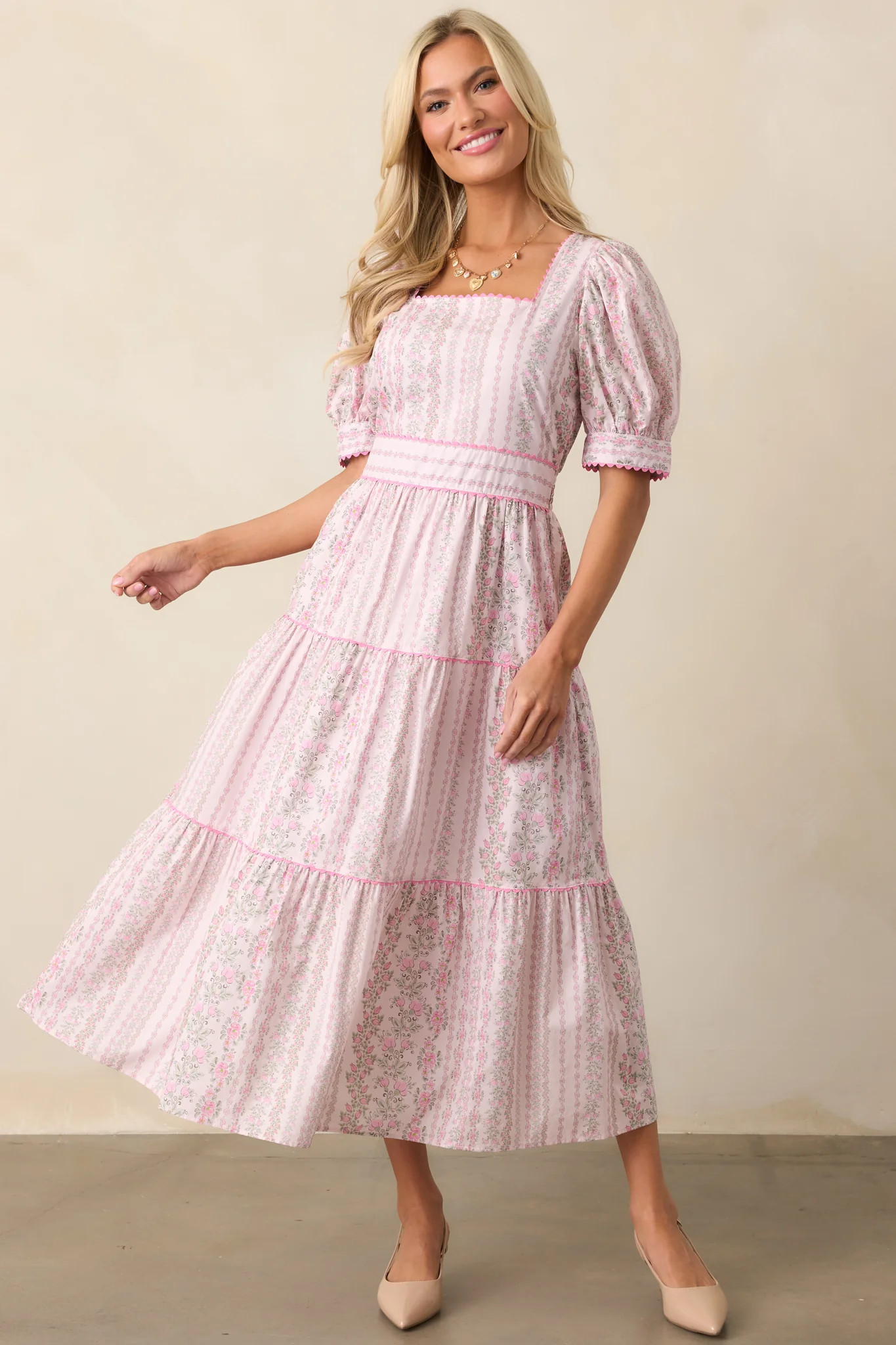 The Wildflower’s Song Cotton Light Pink Floral Midi Dress | Red Dress