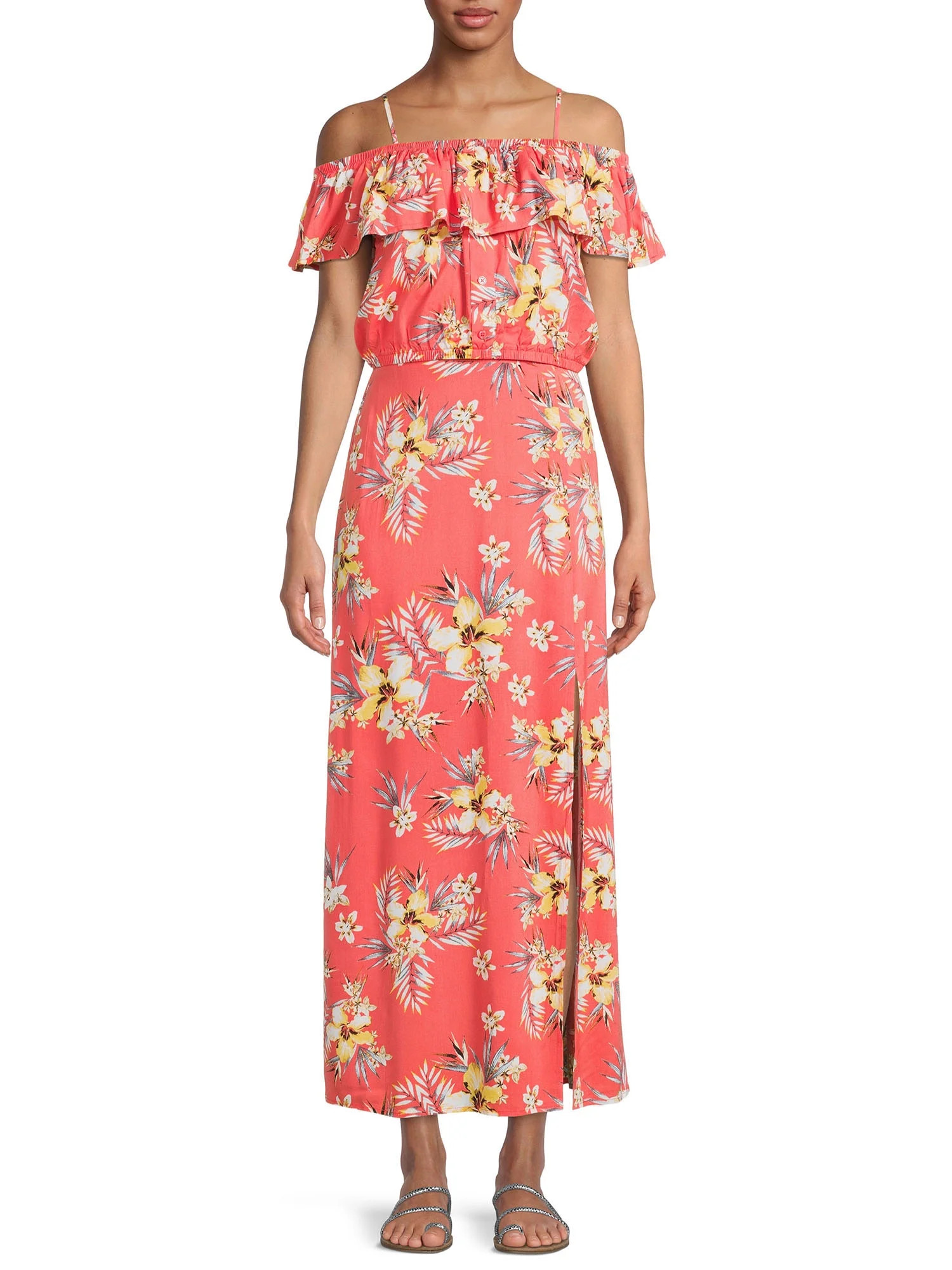 No Boundaries Juniors' Ruffle Crop Top and Maxi Skirt, 2-Piece Set | Walmart (US)