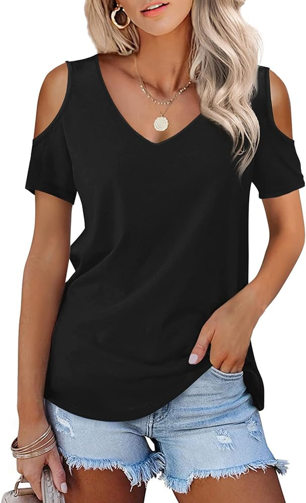 Amoretu Womens Short Sleeve Cold Shoulder Basic Tee Tops Shirts | Amazon (US)