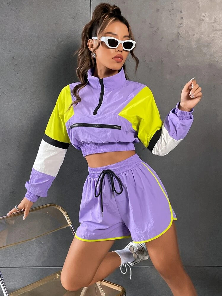 SHEIN Unity Colorblock Half Zip Sweatshirt & Drawstring Waist Shorts Fall Cloth For Women | SHEIN