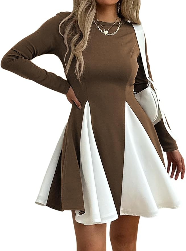 Women’s Long Sleeve Fit and Flare Dress, Color Block A-Line Pleated Swing Mini Dress Elegant Cr... | Amazon (US)