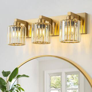 Orillia 20 in. 3-Light Gold Vanity Light with Cylinder Crystal Shade Modern Wall Mount Sconce for Bathroom Powder Room | The Home Depot
