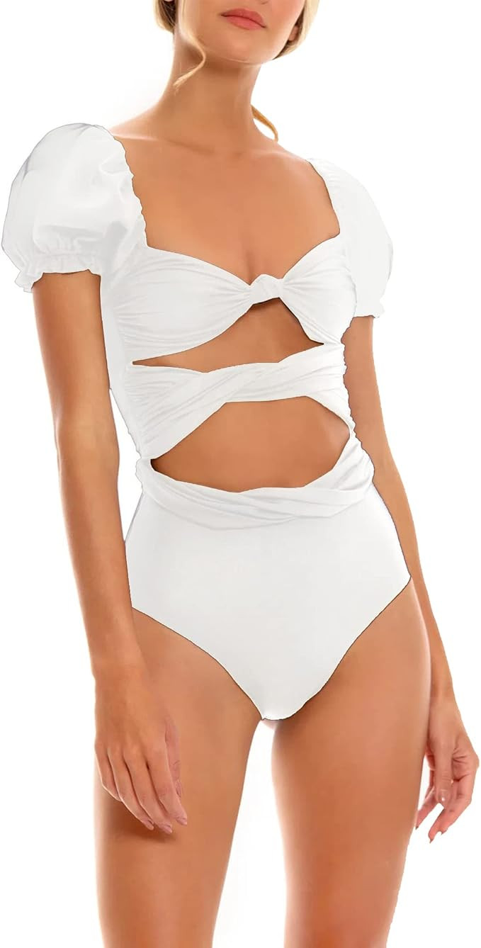 ZAFUAZ 2022 New Women's Swimsuit Padded Puff Sleeves Tummy Control High Waisted Swimwear Bathing ... | Amazon (US)