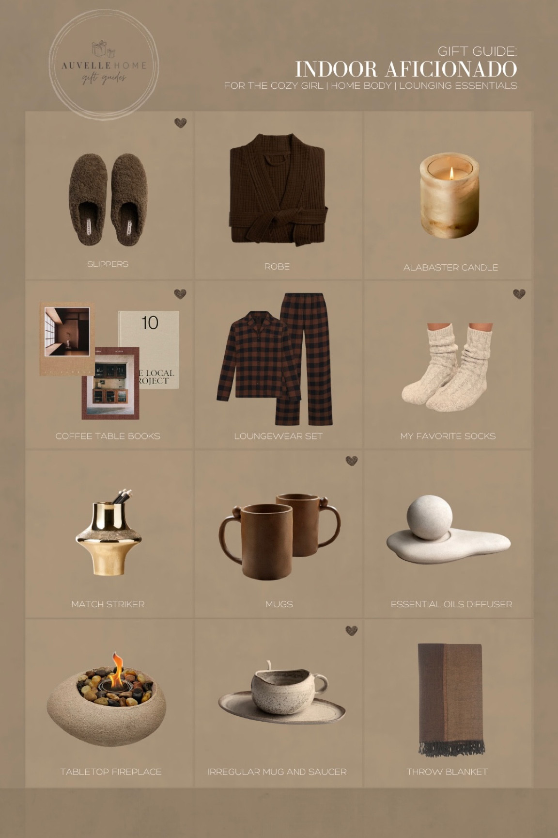 gift guide for the homebody

—


cozy slippers, brown robe, alabaster candle, coffee table books, flannel pijamas, cozy socks, match striker, match holder, mug, mugs, essential oil diffuser, tabletop fireplace, throw blanket