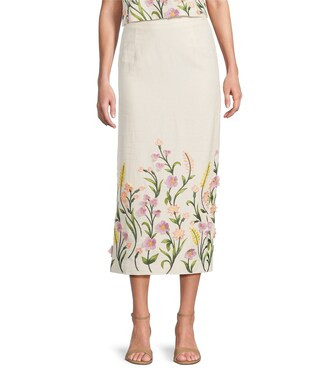 Riviera Floral Embroidered Linen Sheath Skirt | Dillard's