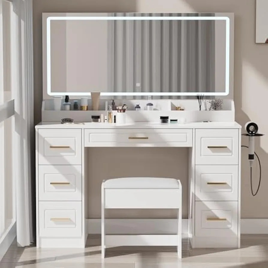 Vanity Desk with Mirror and LED Lights, 43'' W Makeup Vanity Desk with Power Outlet, 3 Color Mode... | Amazon (US)