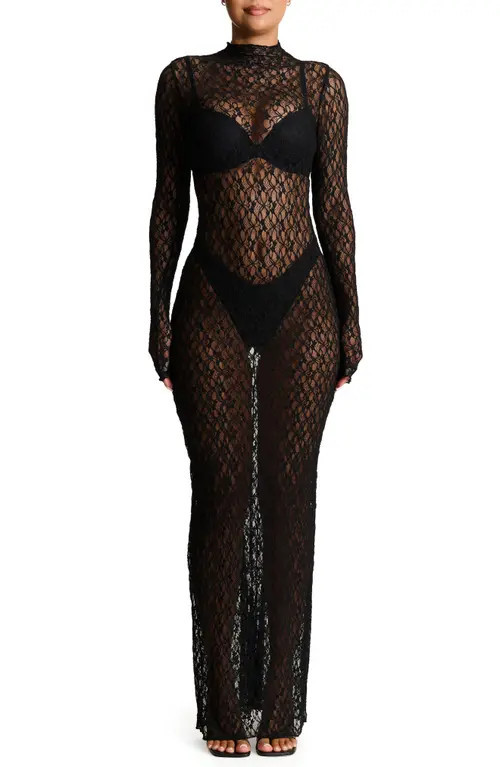 Naked Wardrobe Mock Neck Long Sleeve Sheer Lace Maxi Dress in Black at Nordstrom, Size X-Large | Nordstrom