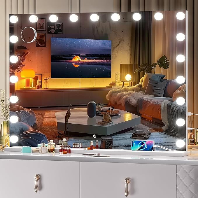 Vanity Mirror with Lights, 41" x 30" Hollywood Mirror, Makeup Mirror with 21 Dimmable Bulbs and 5... | Amazon (US)