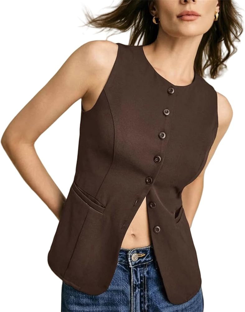 Womens Vest Top Trendy, Summer Casual Sleeveless Crew Neck Button Down Blazer Waistcoat | Amazon (US)