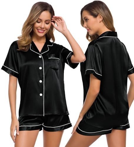 SWOMOG Womens Silk Satin Pajamas Set Two-piece Pj Sets Sleepwear Loungewear Button-Down Pj Sets Black | Amazon (US)