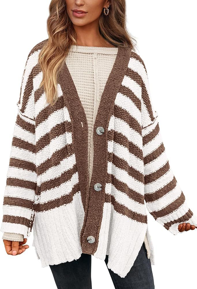 PRETTYGARDEN Women's Striped Cardigan Sweaters Long Sleeve Button Down Chunky Knit Oversized Fall... | Amazon (US)