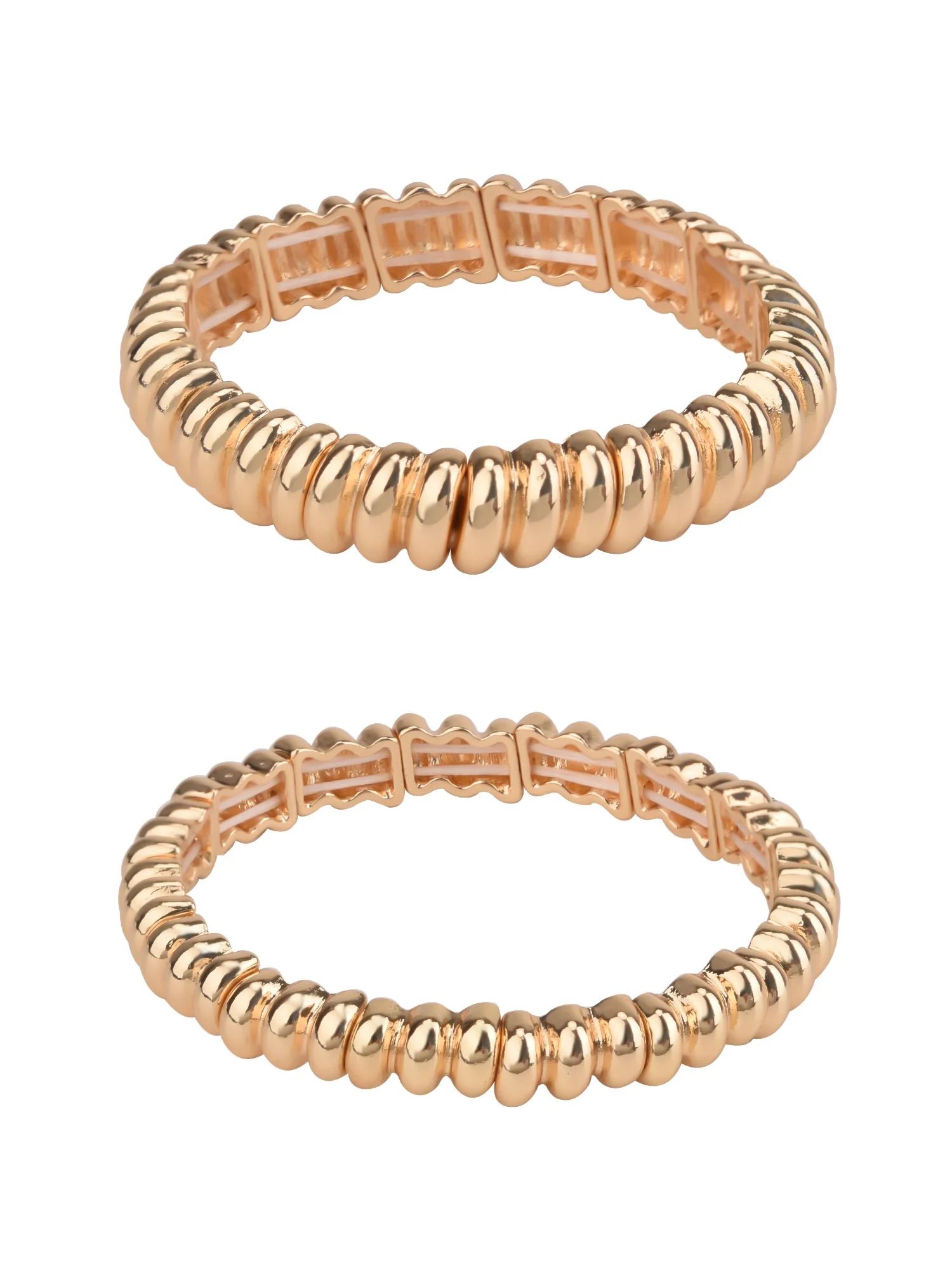 Time and Tru Women's Gold-Tone Textured Metal Stretch Bracelet Set, 2 Piece - Walmart.com | Walmart (US)