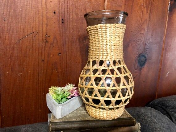 Vintage Wicker Wrapped Glass Vase / Rustic Boho Fiber Textured Mixed Media Decor / Eclectic Junga... | Etsy (US)