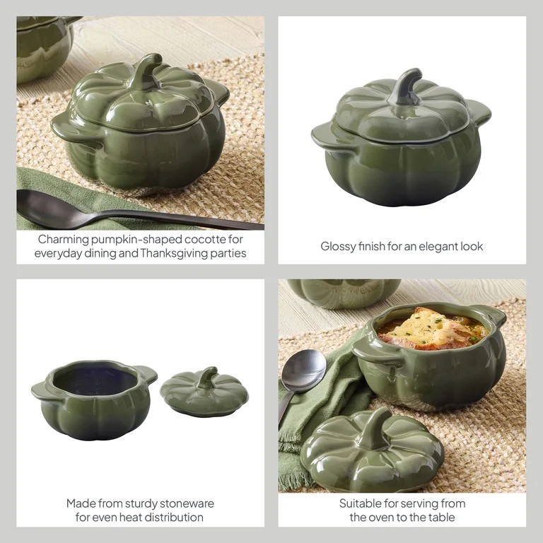Better Homes & Gardens Green Figural Pumpkin Stoneware Cocotte with Lid, 3-Pack | Walmart (US)