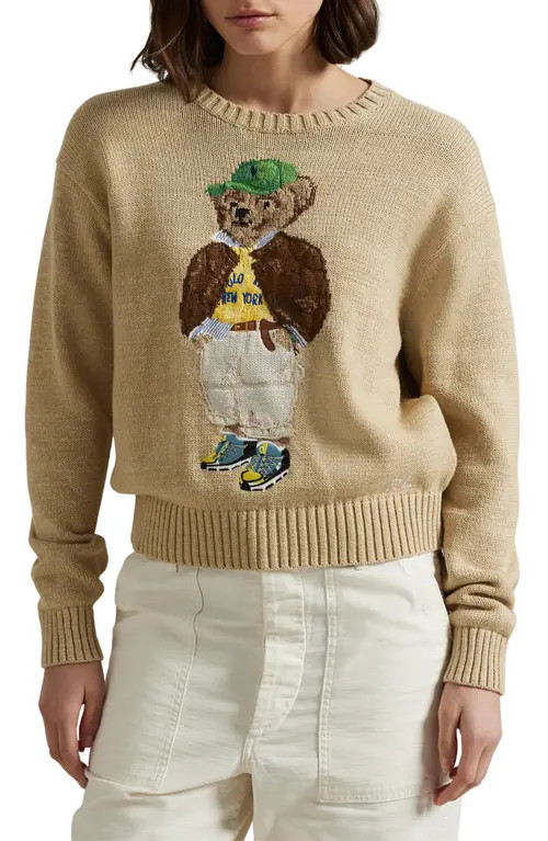 Polo Ralph Lauren Polo Bear Embroidered Cotton Crewneck Sweater in Tan Multi at Nordstrom, Size Xx-Small | Nordstrom