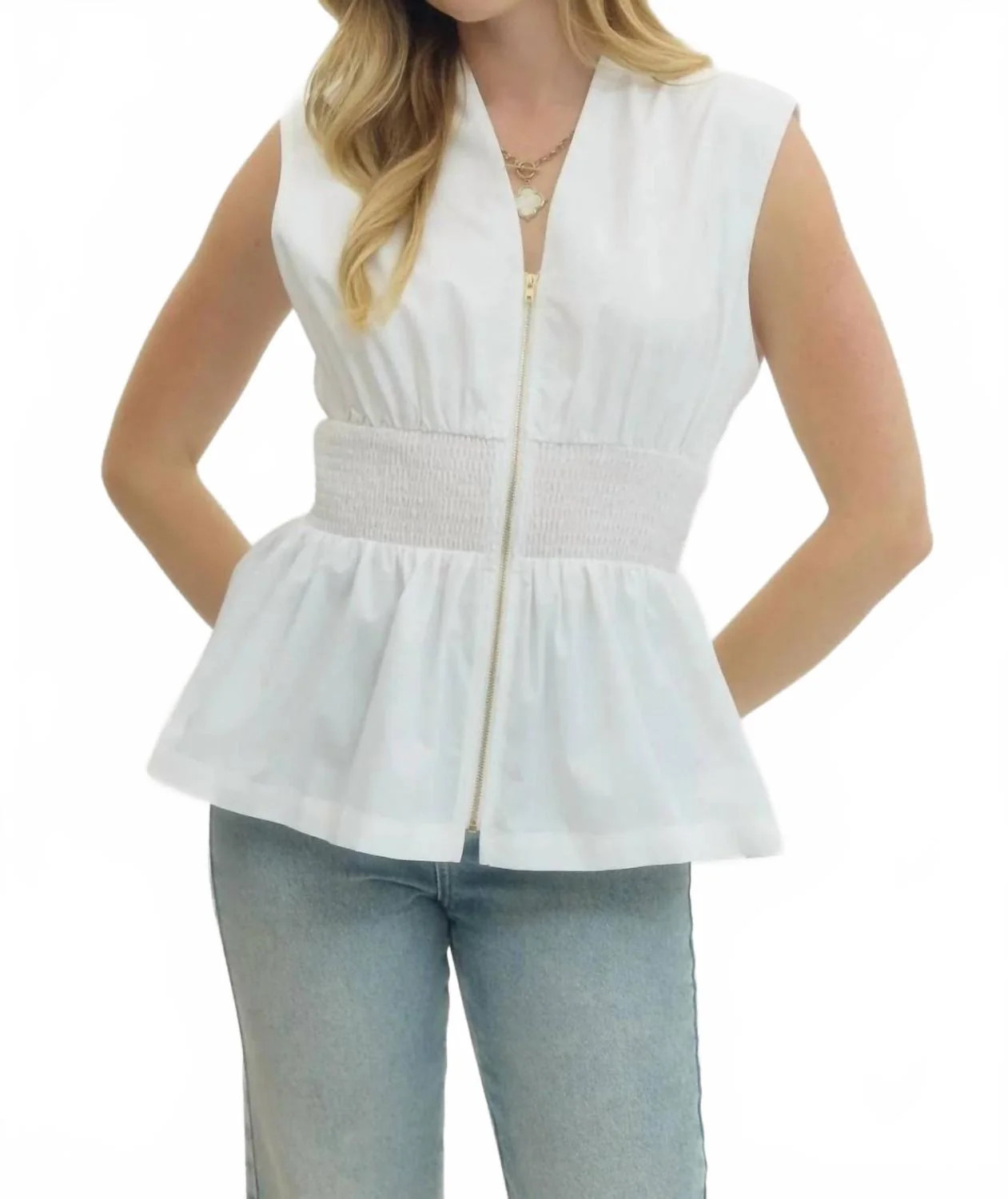 Polished Peplum Zip Front Top In Off White | Shop Simon
