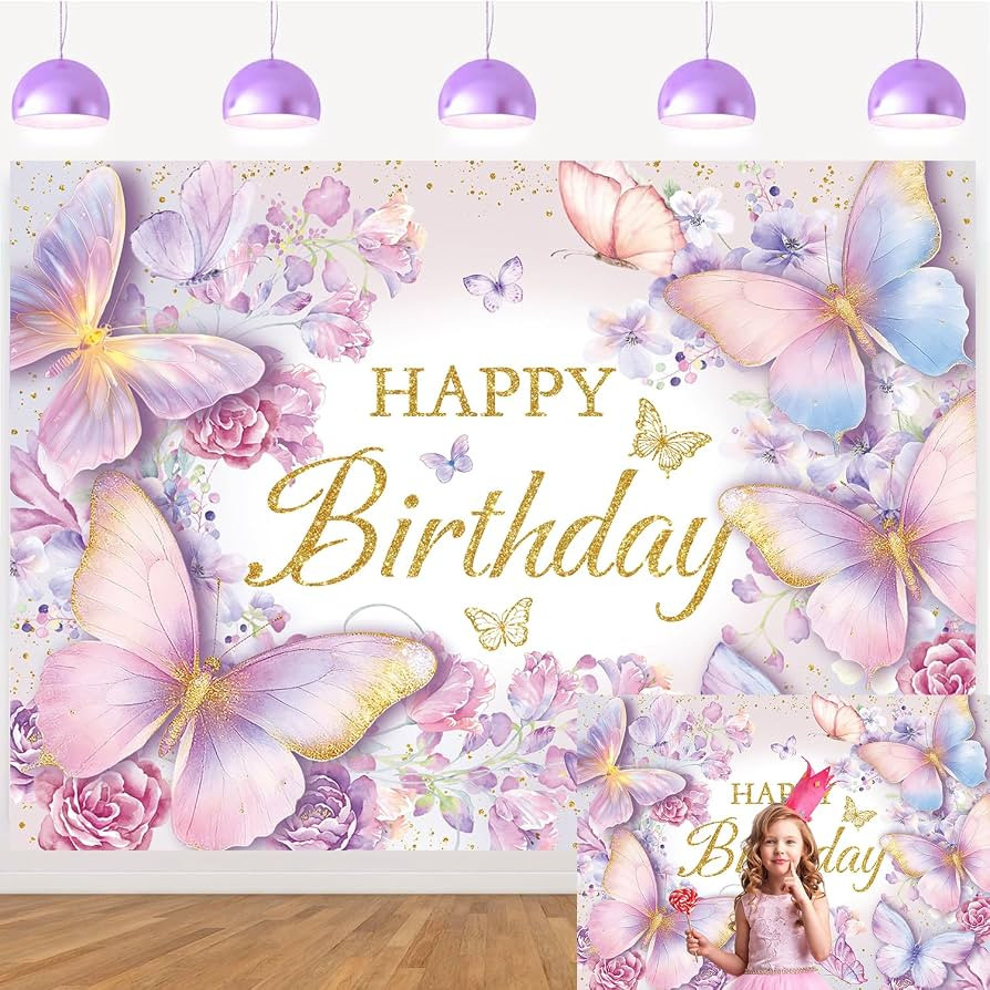 Butterfly Happy Birthday Backdrop Pink Purple Floral Butterflies Photography Background for Women... | Amazon (US)