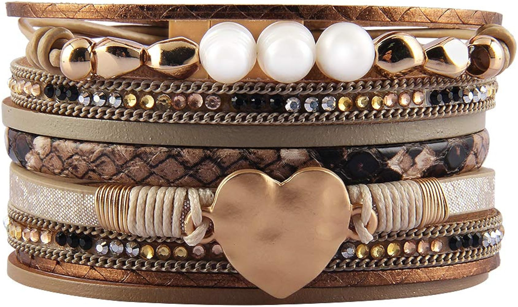 AZORA Leather Cuff Bracelet Multi Strands Beige Wrap Bangle with Pearl Boho Jewelry for Women Teen G | Amazon (US)
