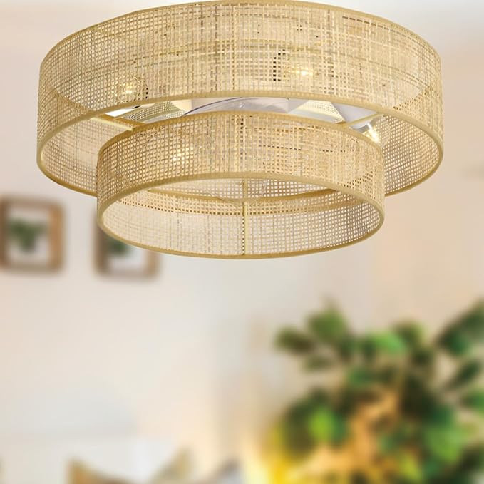 20 inches Flush Mount Bamboo Wicker Boho Ceiling Fan with Light,Bladeless Enclosed Low Profile Fa... | Amazon (US)