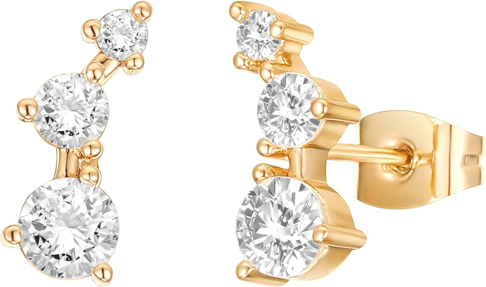 Amazon.com: PAVOI 14K Gold Plated Sterling Silver Post Cubic Zirconia Ear Crawler Earrings - Climber | Amazon (US)