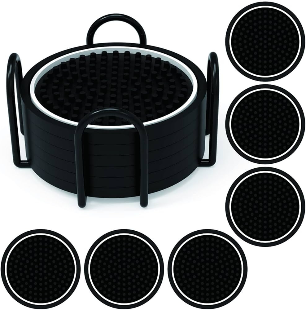 BARsics Drink Coasters Set, 3.75" Black Non-Slip PVC Coasters with Metal Wire Holder, Durable and... | Amazon (US)
