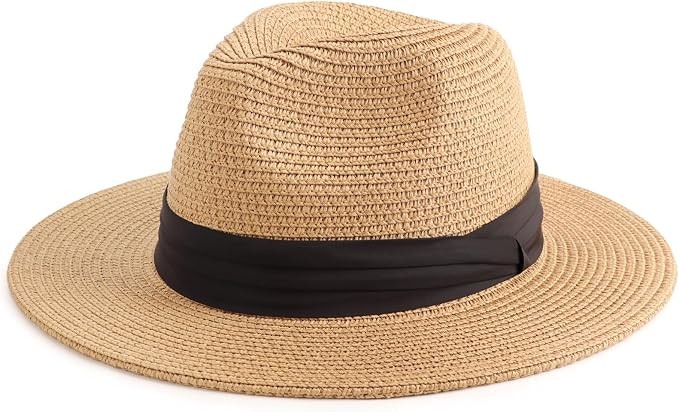 DRESHOW Women Straw Panama Hat Travel Fedora Beach Sun Hat Summer Wide Brim Straw Roll up Hats UP... | Amazon (US)