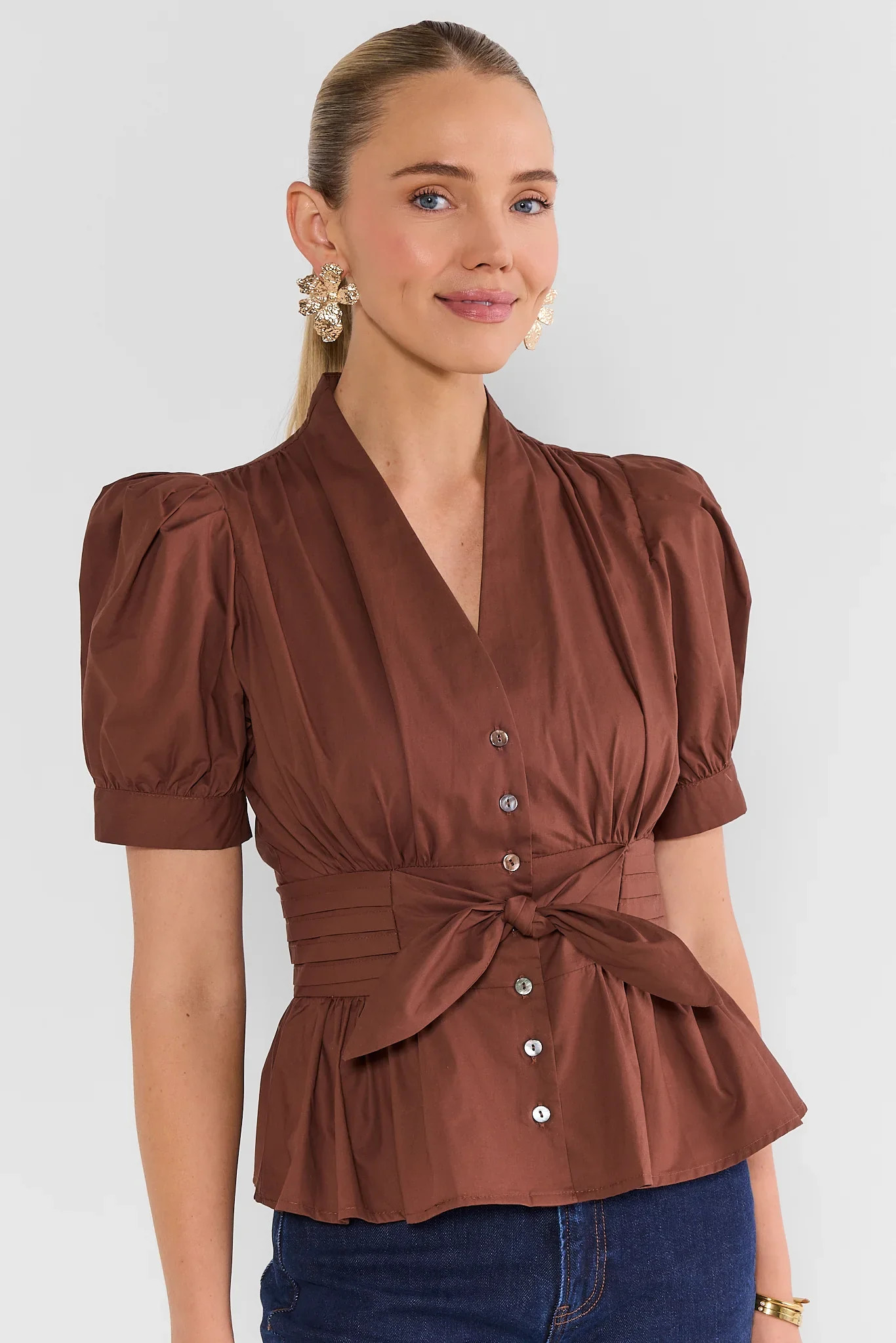 Brown Pleated Tie Waist Top | Avara