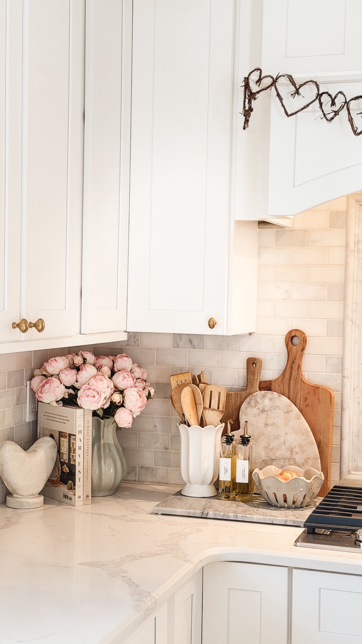 Kitchen corner styling, kitchen decor, Valentine’s decor, around the stove decor 