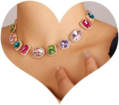 Xerling Bridal Wedding Multi-colored Gemstone Crystal Choker Necklace Heavy Chunky Color Necklace... | Amazon (US)