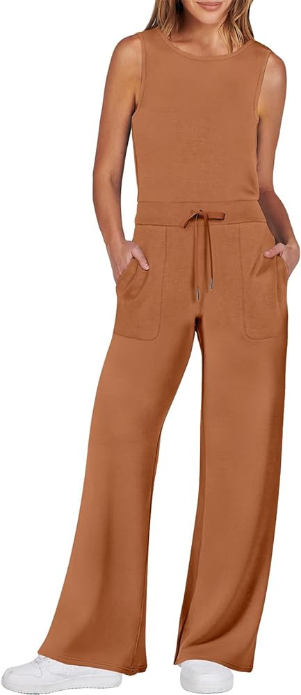 ANRABESS Womens Jumpsuits 2024 Casual Summer Dressy Romper Sleeveless Wide Leg Long Pants Outfits... | Amazon (US)