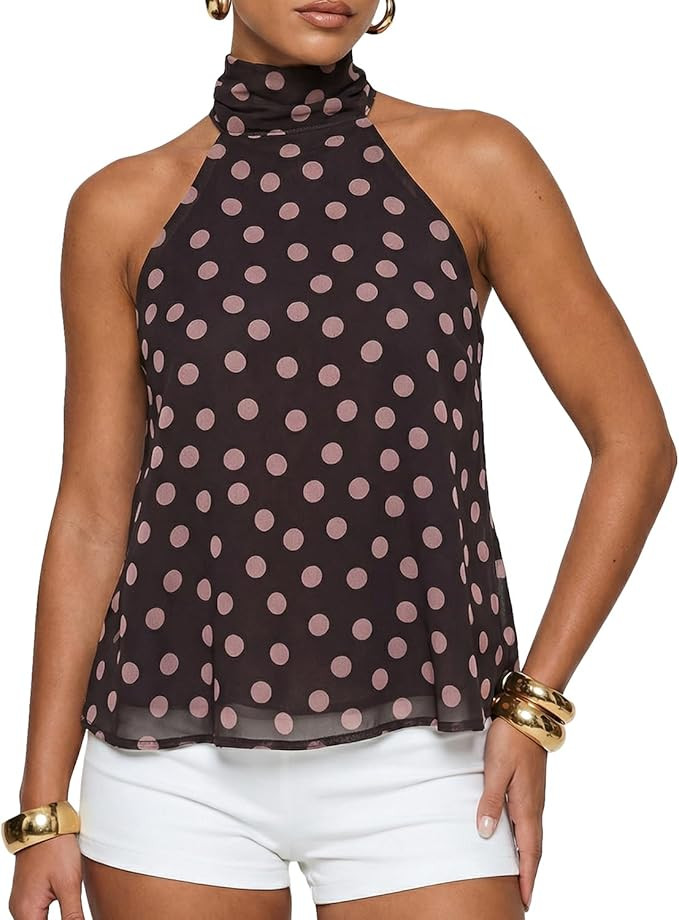 Women Vintage Y2k Polka Dot Open Back Tie Up Peplum Halter High Mock Neck Flowy Mesh Tank Tops Ae... | Amazon (US)