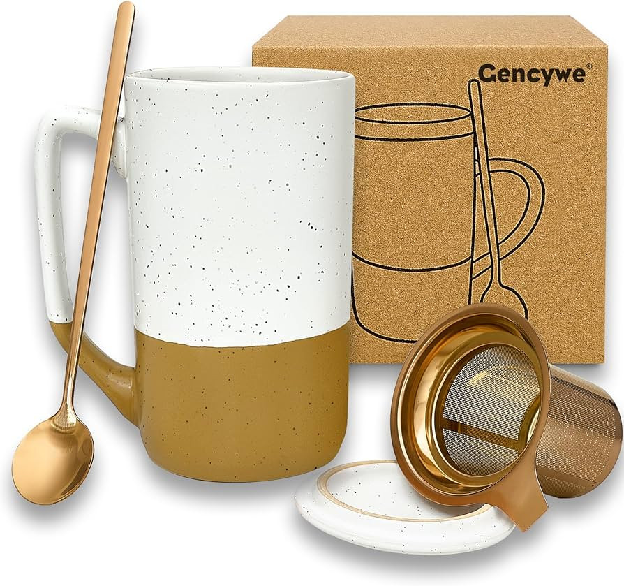 Ceramics Large Tea Cup with Loose Leaf Infuser, Spoon and Lid, 16 oz Tall Coffee Mug, Microwave a... | Amazon (US)