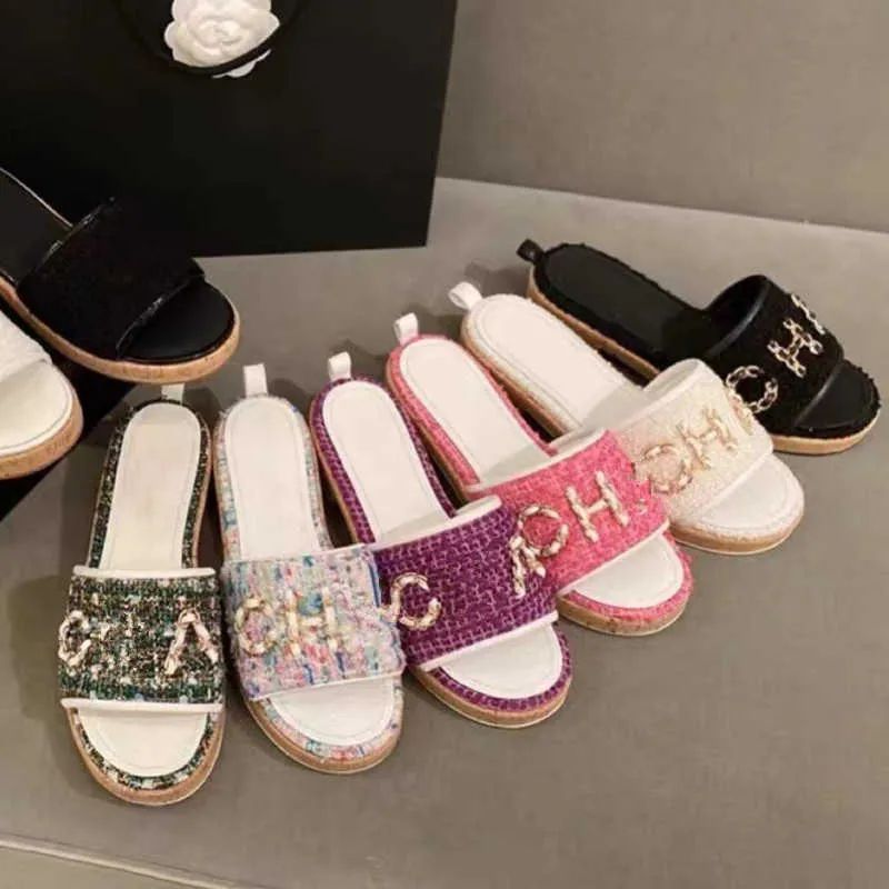 35 41 Sizes Women Tweed Leather Straw Woven Slides Sandals Slip On Wedge Flats Fashion Beach Mule... | DHGate