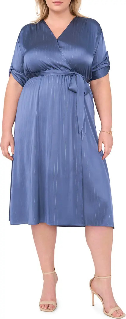 Roll Cuff Metallic Stripe Satin Faux Wrap Dress | Nordstrom