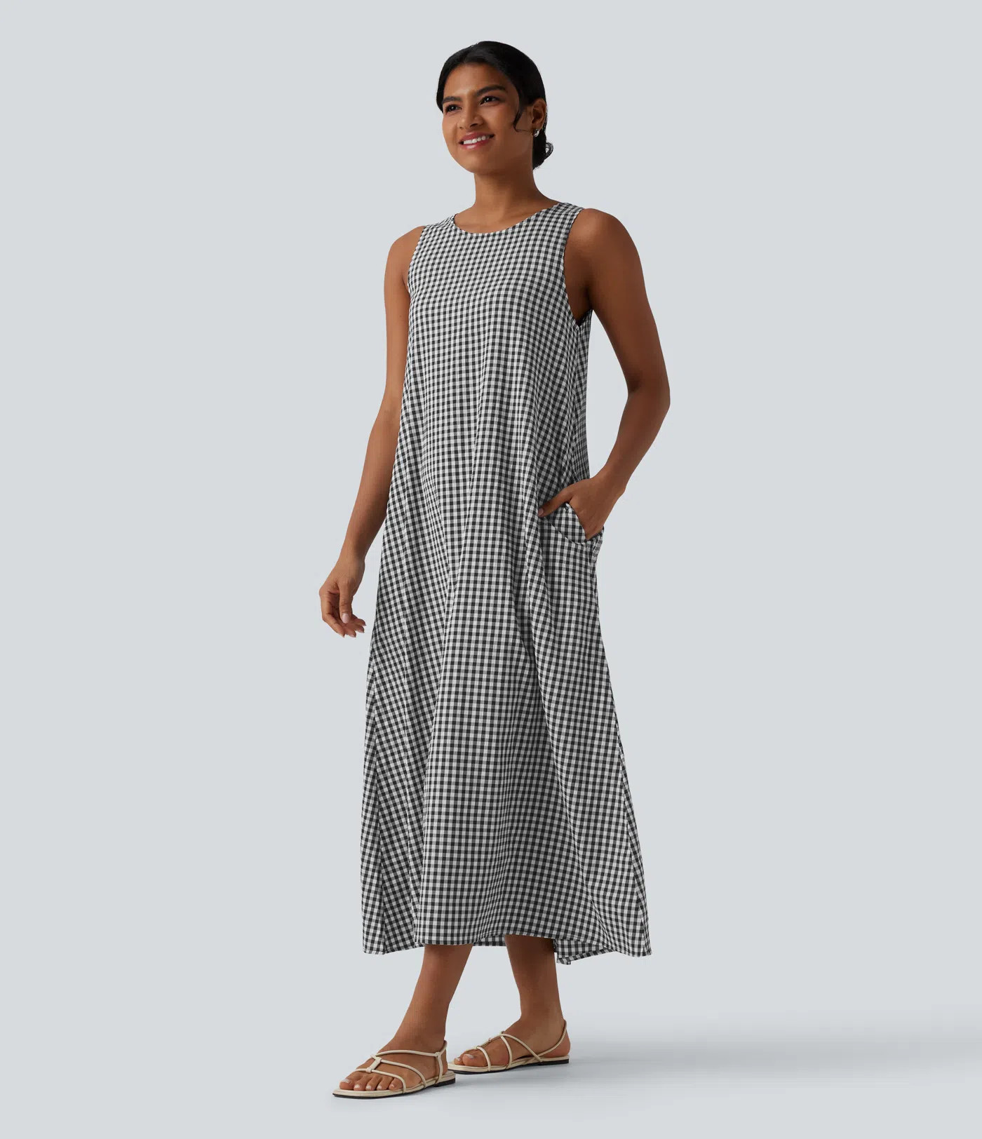 Round Neck Sleeveless Midi Crinkle Gingham Casual Tank Dress with Pockets | HALARA
