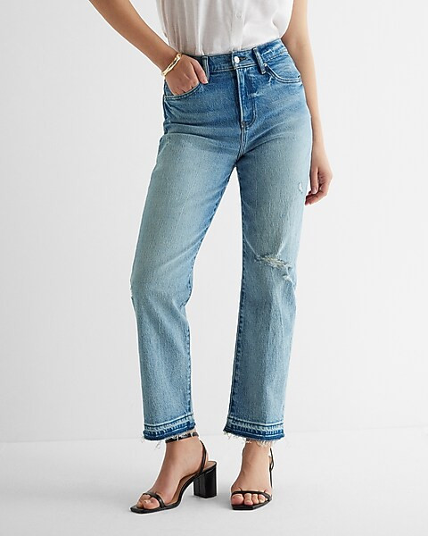 High Waisted Medium Wash Drop Hem Straight Ankle Jeans | Express