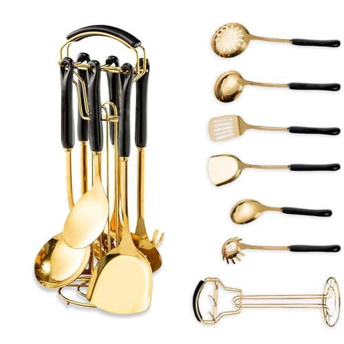 Gold Kitchen Utensils,7pieces Gold Cooking Utensils Set,Kitchen Tools Set With Utensil Holder, gold kitchen accessories,Dishwasher Safe, Easy To Clean(Black) | Amazon (US)