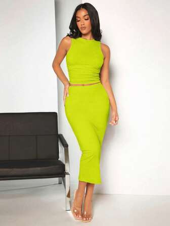 SHEIN BAE Solid Ruched Tank Top & Pencil Skirt | SHEIN