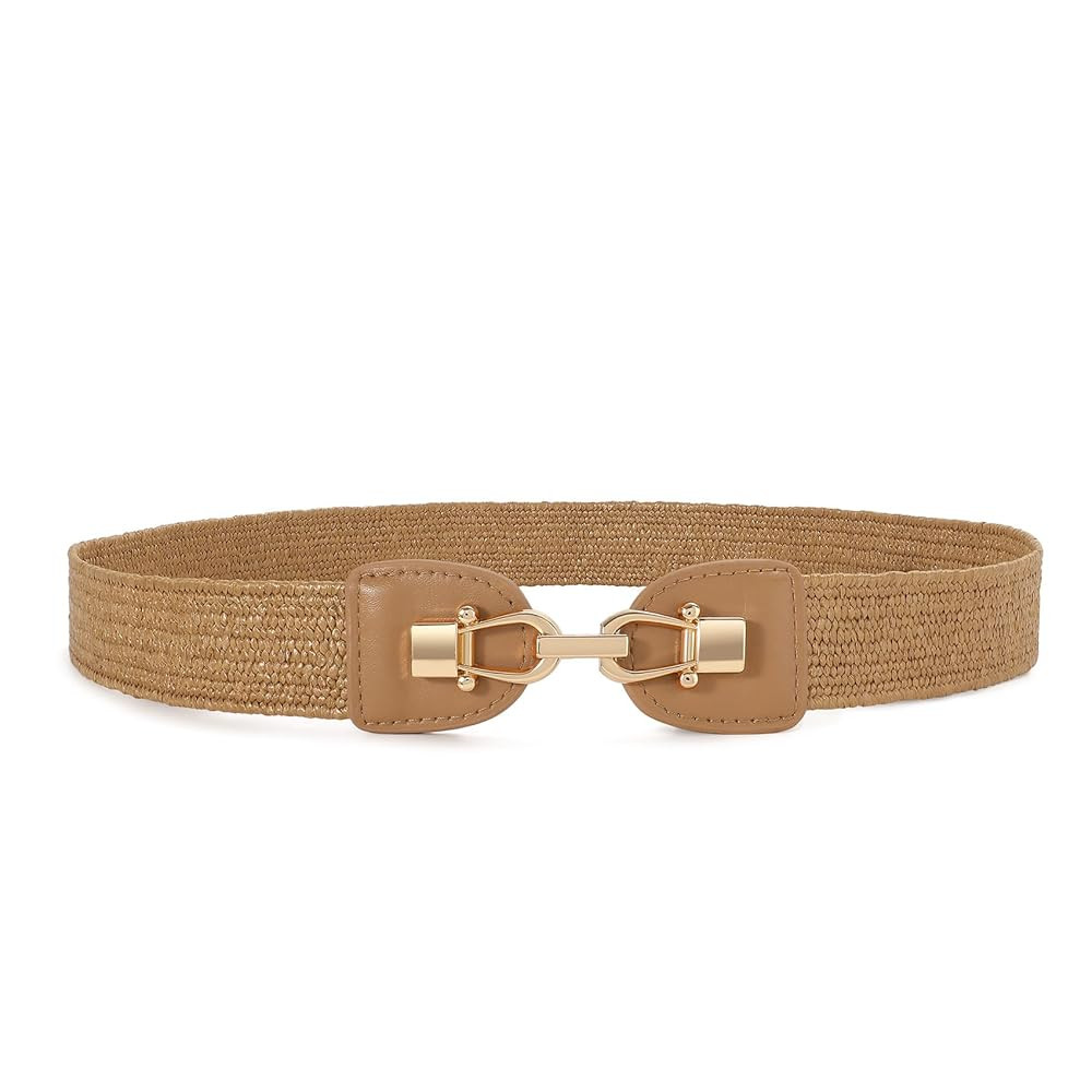 JASGOOD Stretchy Belt Women Straw Woven Elastic 1.4" Belt Skinny Boho Rattan for Dress | Amazon (US)