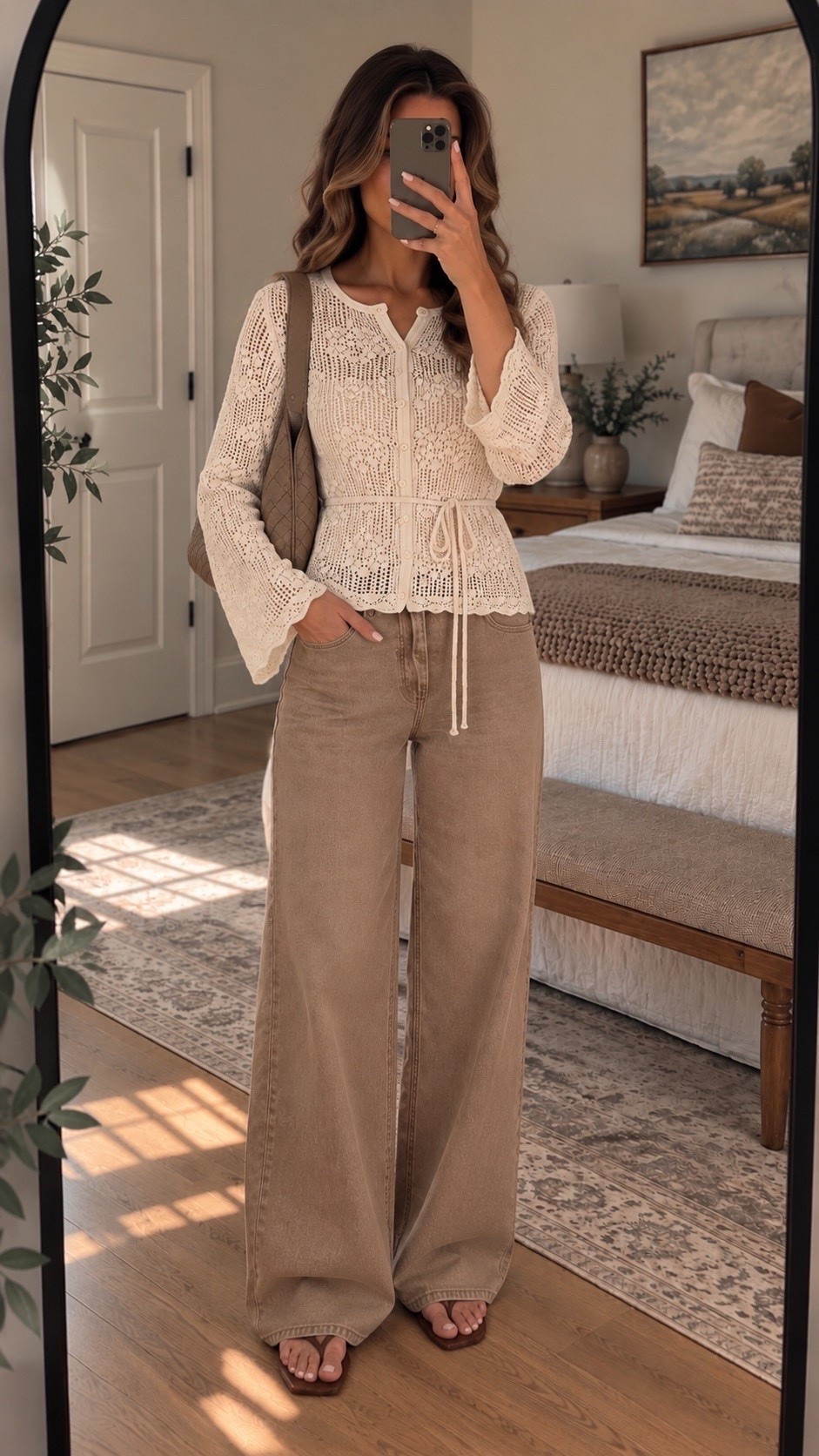 Abercrombie fall outfit 🤎🍂 This neutral fall look is giving effortless everyday style. The cream crochet cardigan paired with wide-leg brown jeans, a woven shoulder bag, and simple sandals is such an easy transitional fall outfit for September. Perfect for brunch, casual workdays, shopping, or weekend plans. #AbercrombieStyle #AbercrombieFinds #FallOutfit #NeutralStyle #WideLegJeans #FallFashion

#LTKSaleAlert #LTKootd #LTKSeasonal